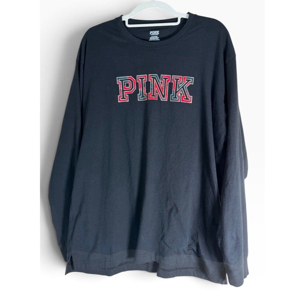Victoria’s Secret Pink Red Plaid Logo Black Long Sleeve Shirt Size L